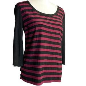 Ann Taylor Striped Top Black Plum Applique Textured 3/4 Sleeve Scoop Neck Medium
